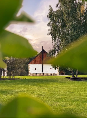 Pohled na svatební stodolu mezi větvemi stromů